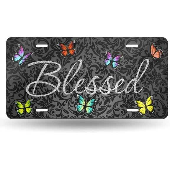 License Plate Blessed Glitter Butterflies Decorative Car Front,Metal Plate,License Plates,Vanity Tag,Aluminum Noverlty License Plate for Men/Women Car 6×12 Inch