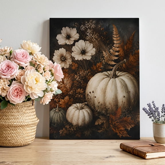 Canvas Wall Art, Vintage White Pumpkins Framed Canvas Prints for Bedroom Living Room, Botanical Thanksgiving Fall Gallery Wrapped Wall Decor for Home Office, Gifts, 12"x18" Ship Next Day