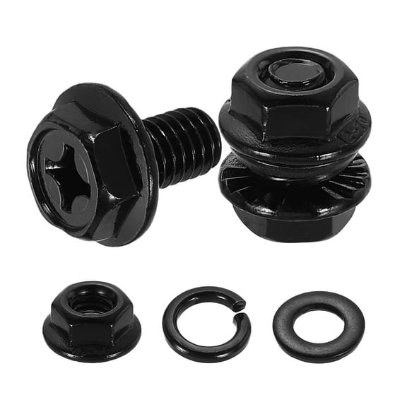 M6 x 10mm 10Pcs Phillips Flanged Hex Bolts with Nuts, Flat & Lock Washers, Black