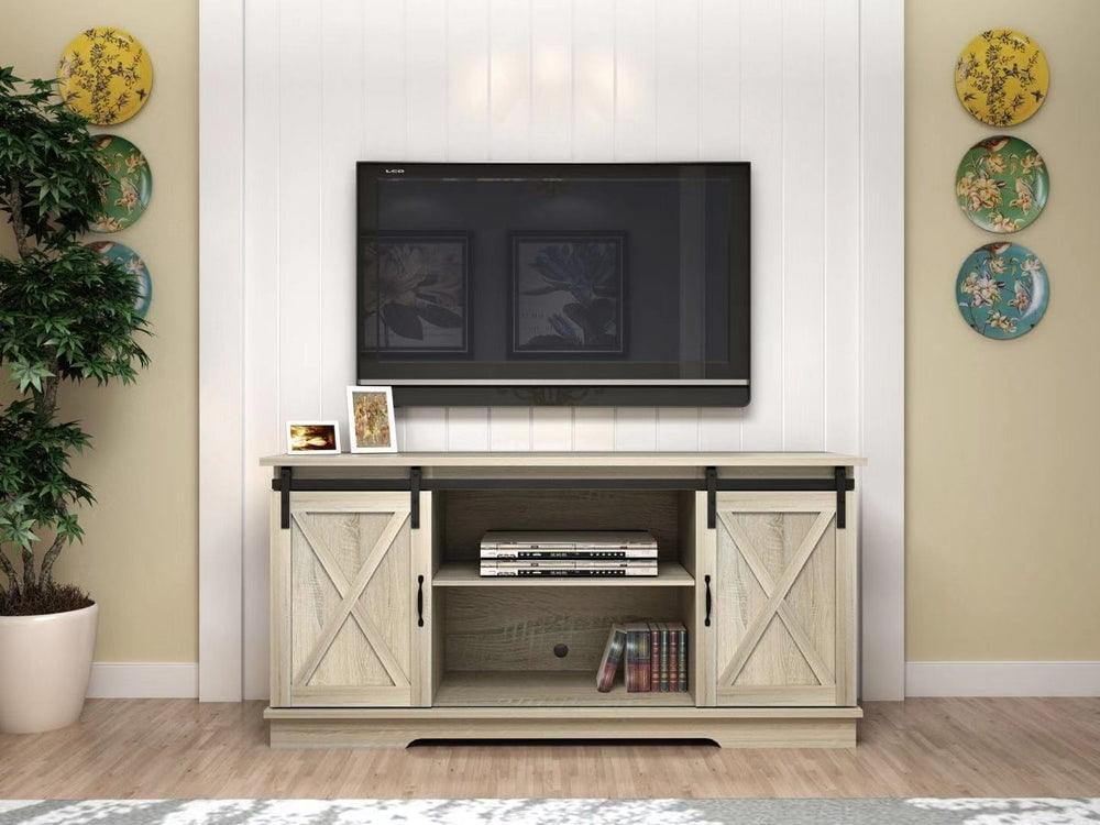 Farmhouse TV Stand for TVs Up to 65 Inch with Sliding Barn Doors and Adjustable Shelves, White Oak