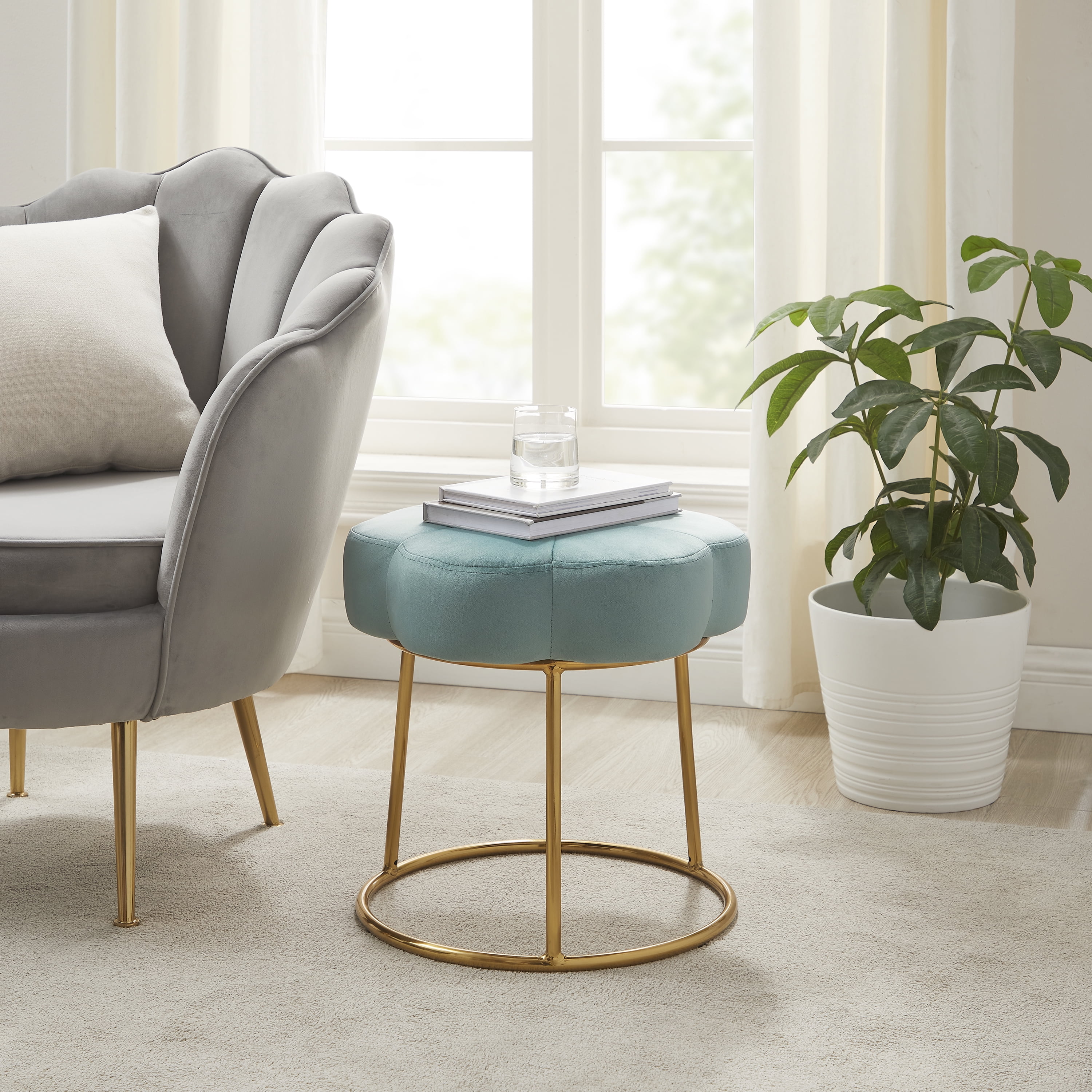 Linon Coston Vanity Stool, Gold Frame with Teal Velvet