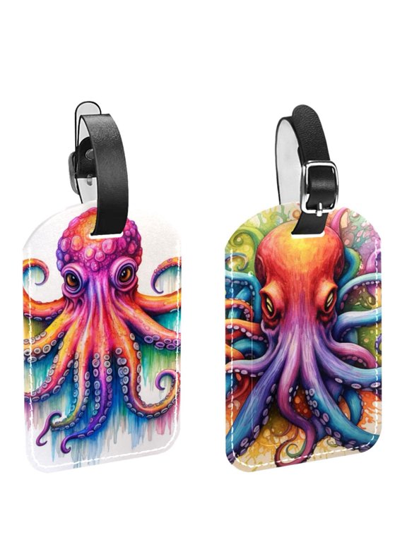 Square 2Pack PU Leather Octopus Cruise Luggage Tag with Privacy Cover and Name ID Tag for Travel Handbags Backpacks Luggage Tags
