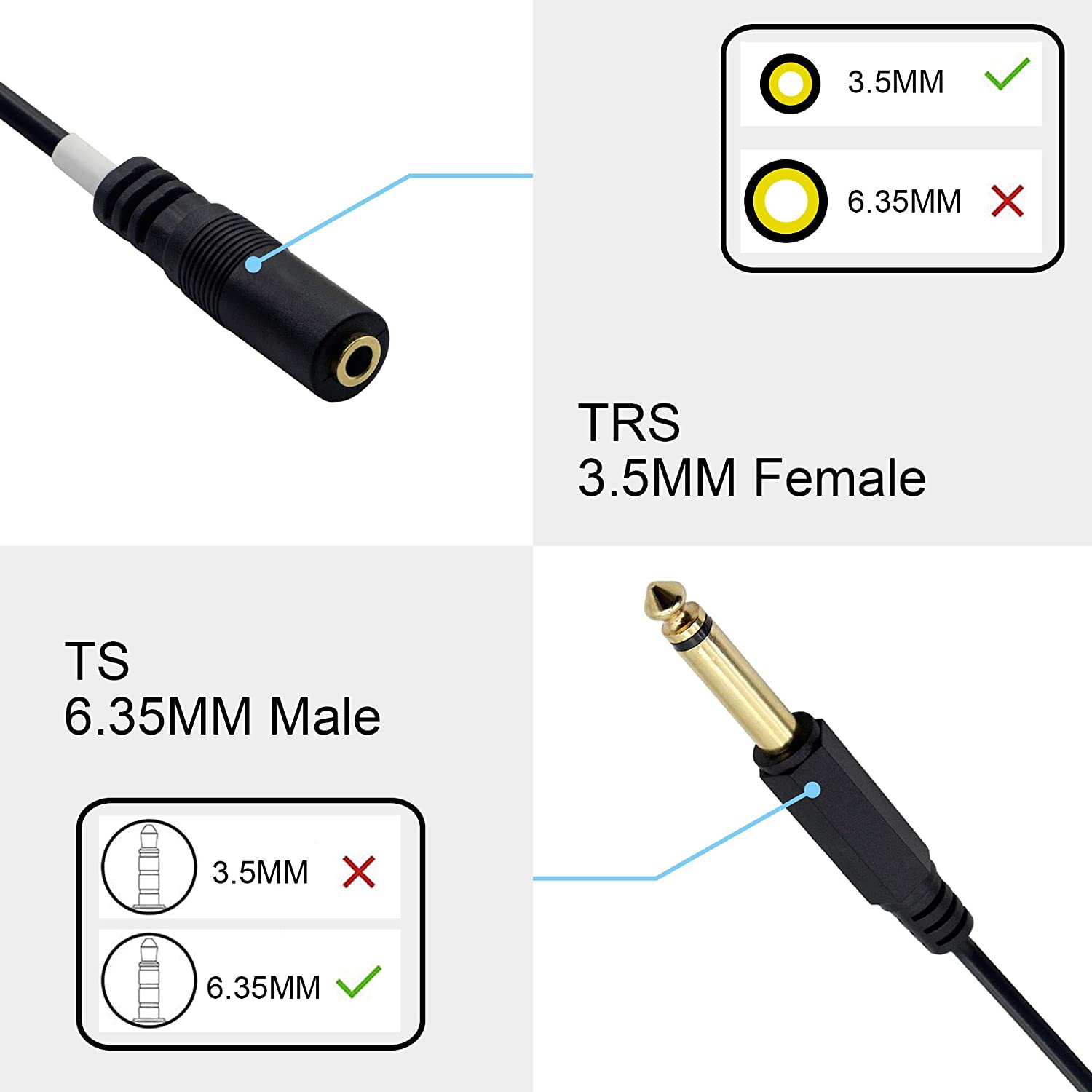 Adapter,6.35mm TS Male to 3.5mm 