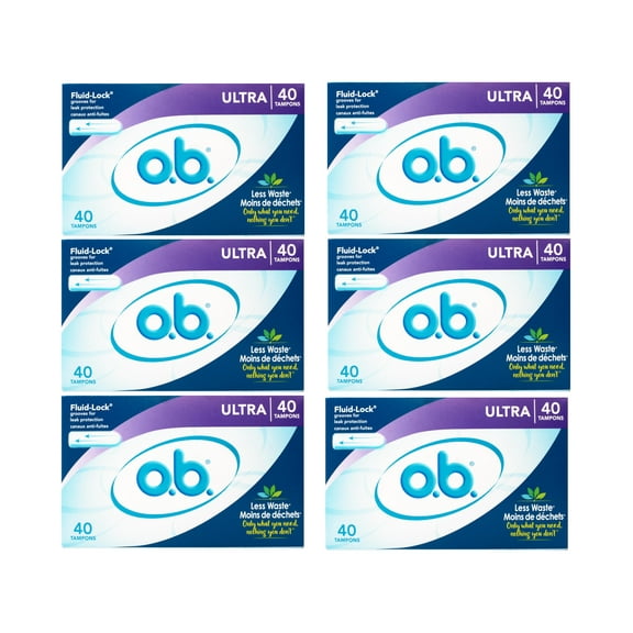 o.b. Tampons No Applicator, Unscented - 40ct, Applicator-Free Tampons Ultra, Feminine Care, ob Tampon Ultra, Period Products - 6 Pack