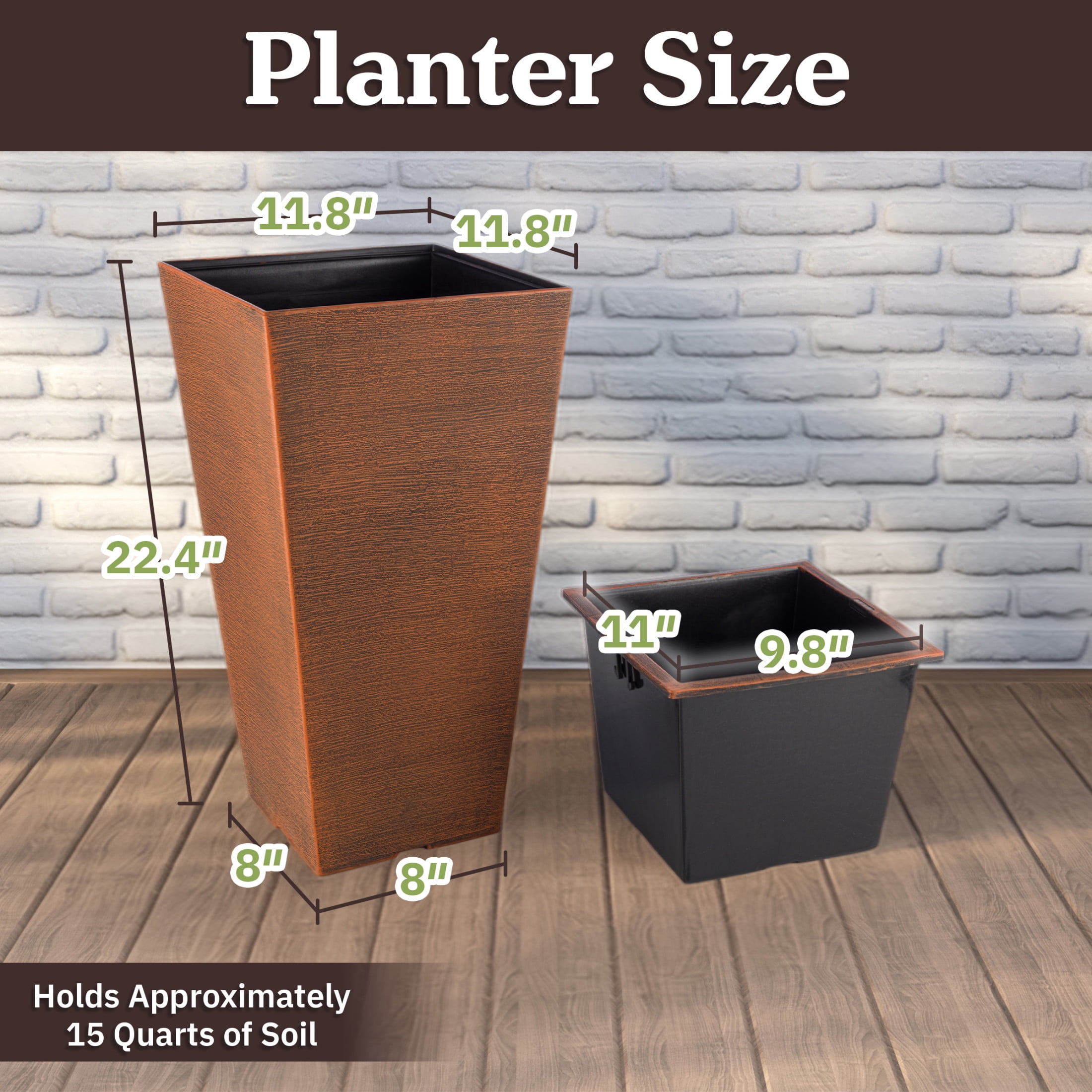 Pure Garden Large Outdoor Planters 2-Pack - 22.4” Tall Planters for Outdoor Plants or Indoors, Bronze