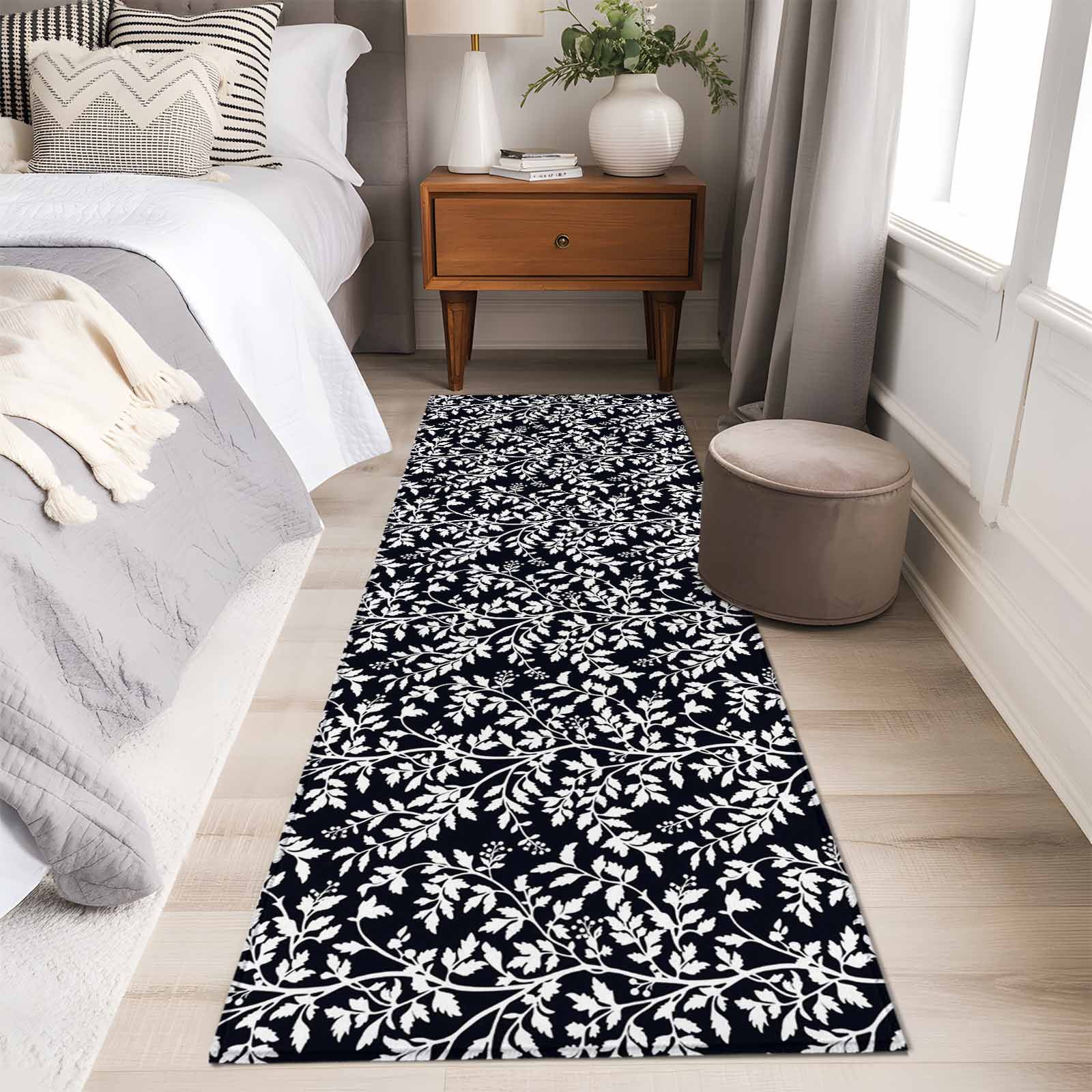 Runner Rug 2'x6', Black Spring Floral Washable Non-Slip Hallway Runner Rugs, Farmhouse Flowers Elegant Pastoral Bedside Rugs Floor Mats Carpet Runners for Kitchen Bathroom Laundry Room