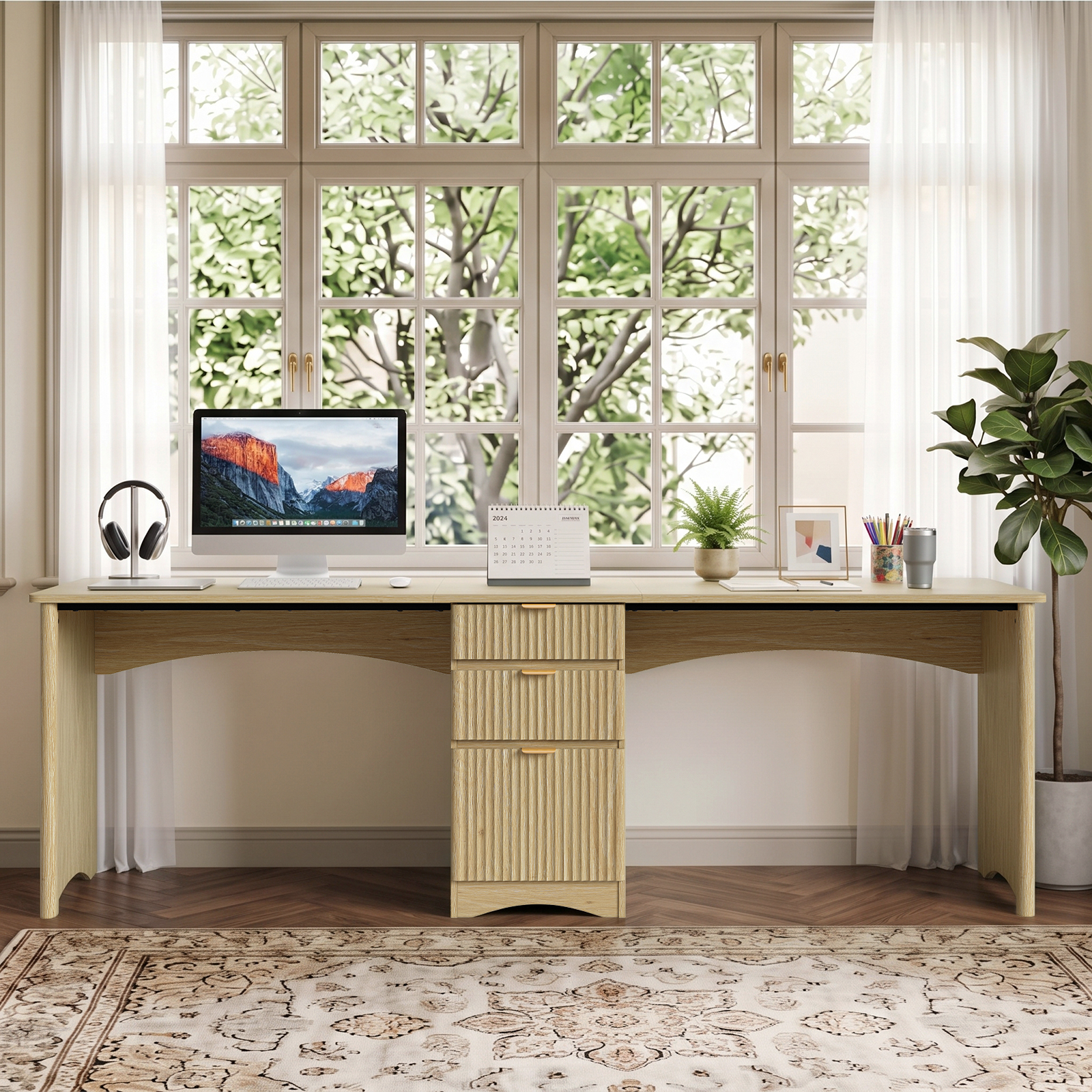 Bestier 95" Two Person Computer Desk with Drawers, Oak