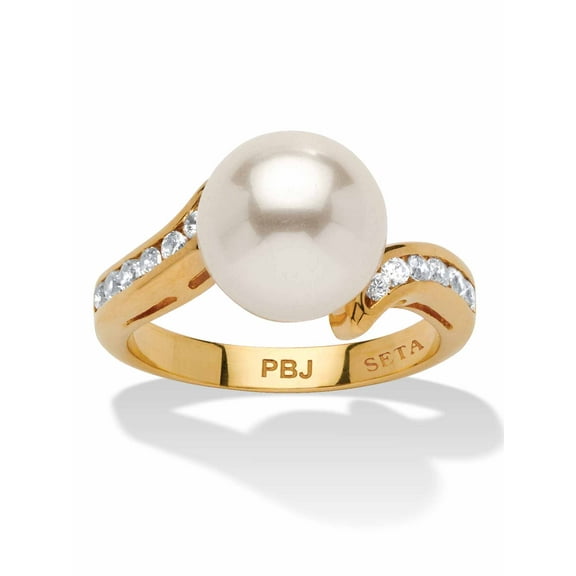 PalmBeach Jewelry .16 TCW Round Simulated Pearl and Cubic Zirconia Accent Yellow Gold-Plated Ring (9.5mm)