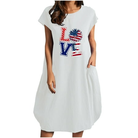 

Bigersell Maternity Photoshoot Dress Women s Summer Cotton and Linen Print Casual Short Sleeve with Pocket Crewneck Loose Dress Regular Shift Dresses Style 28031 White S