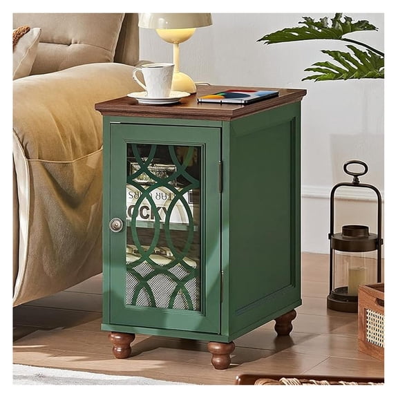 Narrow Side Table with Glass Door, 18 x 14'' Night Stand with Adjustable Shelf Storage Cabinet Organizer, Bedside End Tables Wood Nightstand for Small Spaces Living Room Bedroom