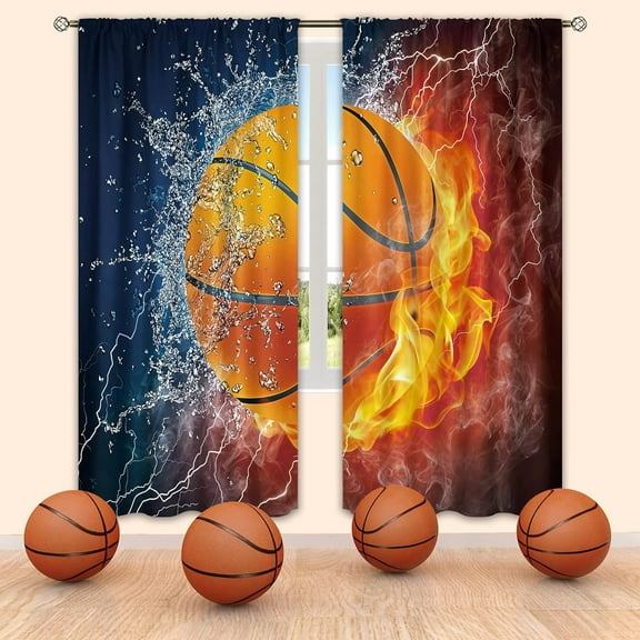 Sports Curtains for Teen Boys 42W x 63L Inch Rod Pocket Basketball Theme Kids Men Bedroom Wall Art Abstract Flame Basketball Decor Cool 3D Ball Living Room Gym Window Drapes Fabric 2 Panels