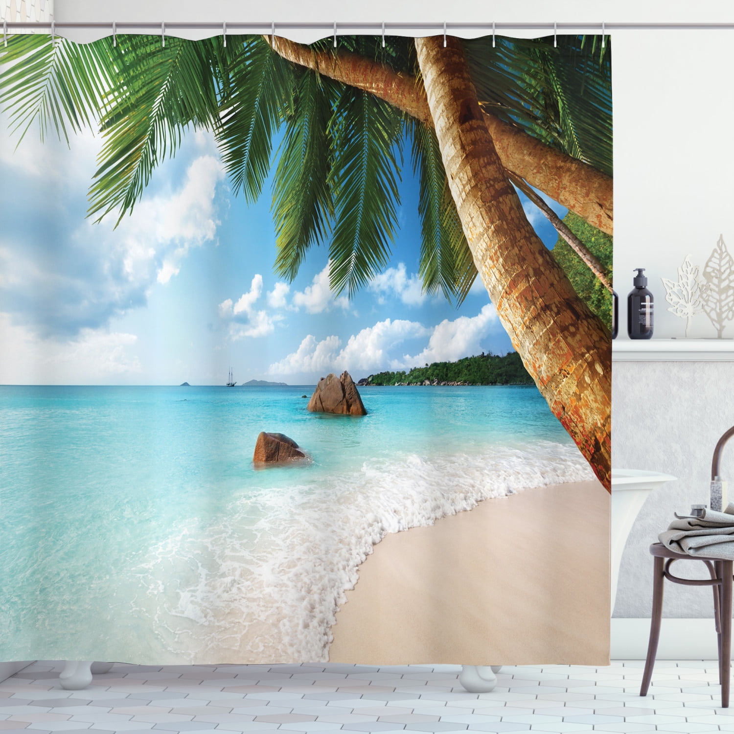 Sunny Sky Sand Beach Scenic Palm Trees Fabric Shower Curtain Set Bathroom Mat 