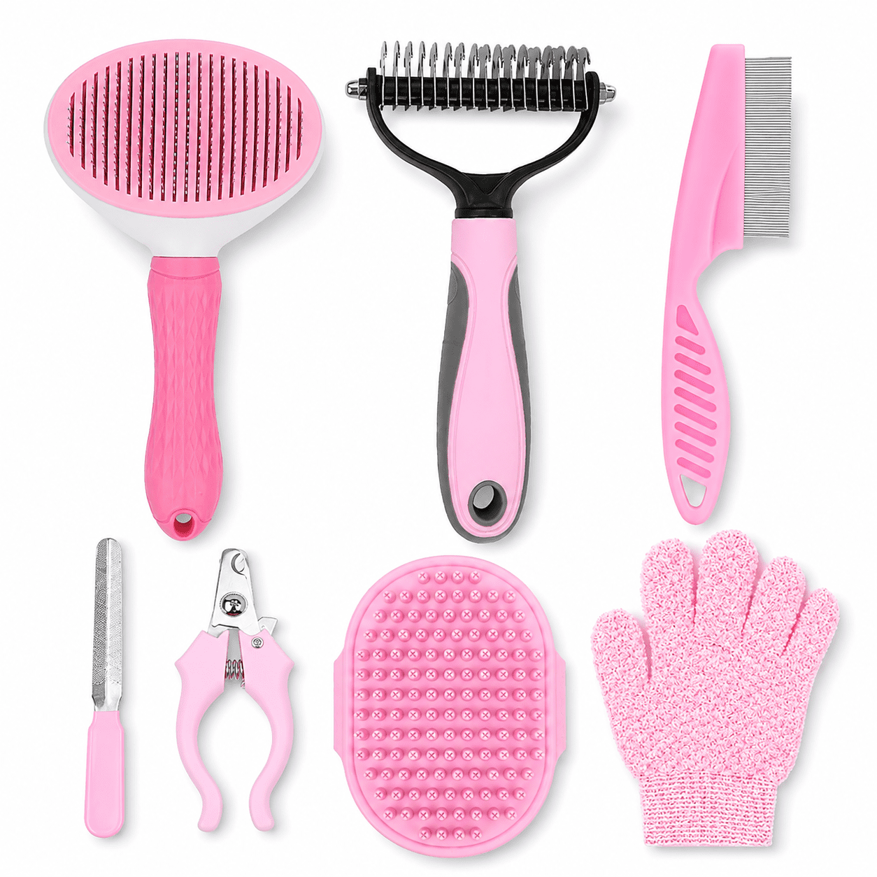 7-Piece Dog and Cat Grooming Kit Pet Brush Set with Self-Cleaning Slicker Brush Bath Brush Flea Comb Dematting Comb Nail Clipper and Nail File