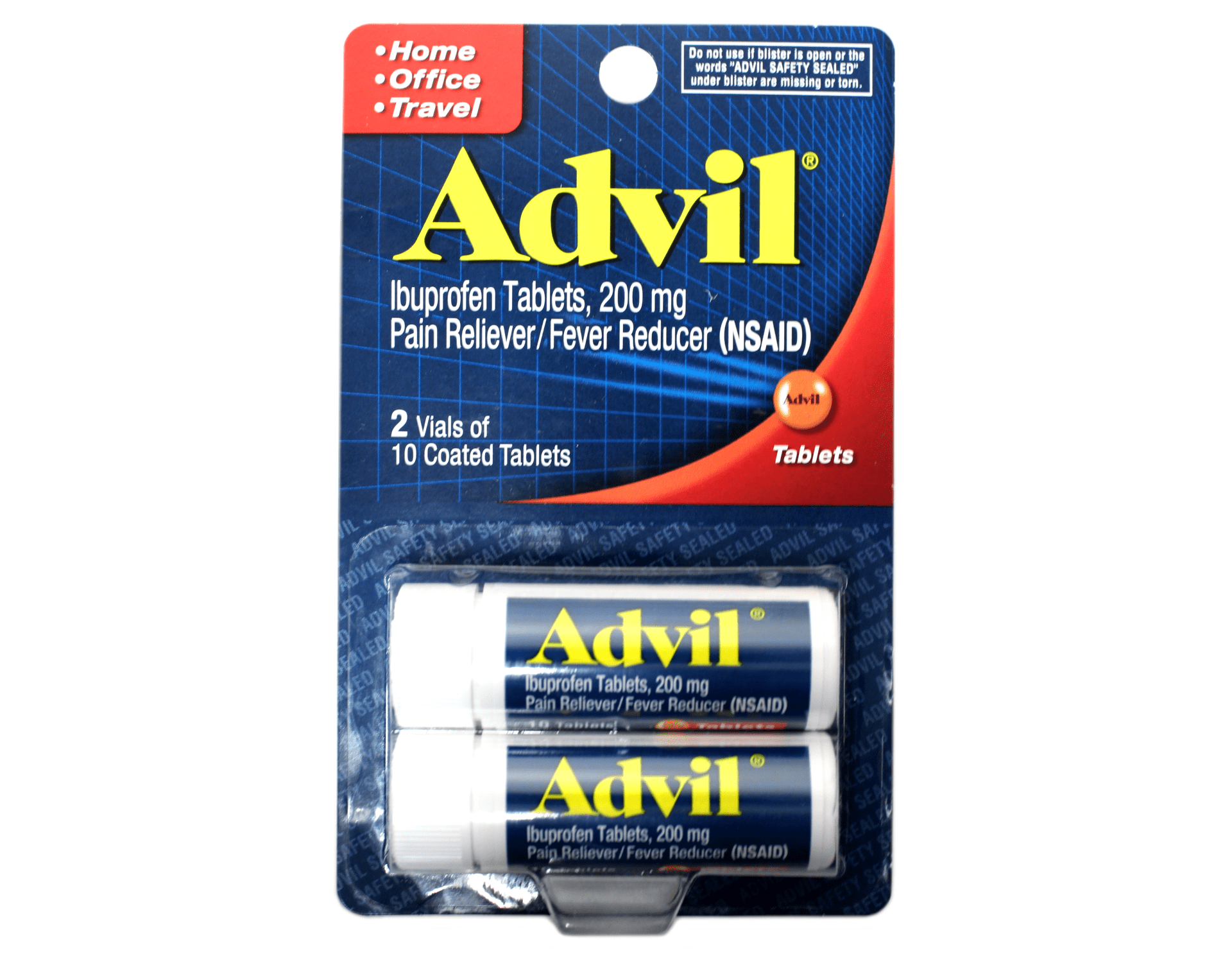 Advil Coated Tablets Pain Reliever and Fever Reducer, Ibuprofen 200mg, 2 x 10 Count Vial Pocket Packs