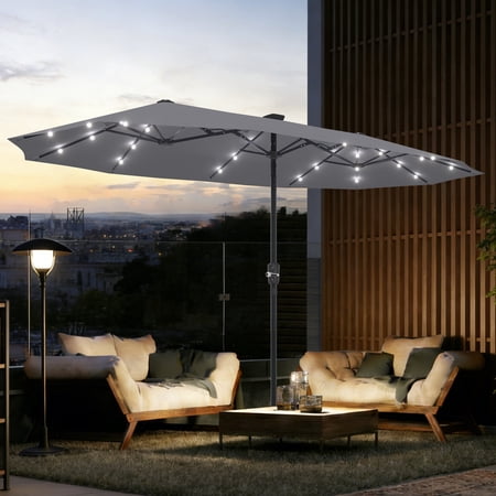 Autlaycil 13ft Rectangle Patio Umbrella with 36 Solar Lights for Pool, Yard, Market, Graden - Gray