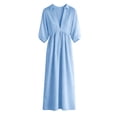 thumbnail image 4 of Ohufall Womens Cotton Linen Dress 3/4 Sleeve V Neck High Waist Dresses Turndown Collar Fashion Maxi Dress, 4 of 4