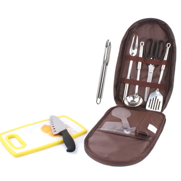 Eigraketly Juego de 8 piezas de vajilla para acampar, bolsa de almacenamiento de utensilios de cocina con correa de transporte, Picnic, gran Ropa Deportiva, Zapatos Café/8 piezas/juego