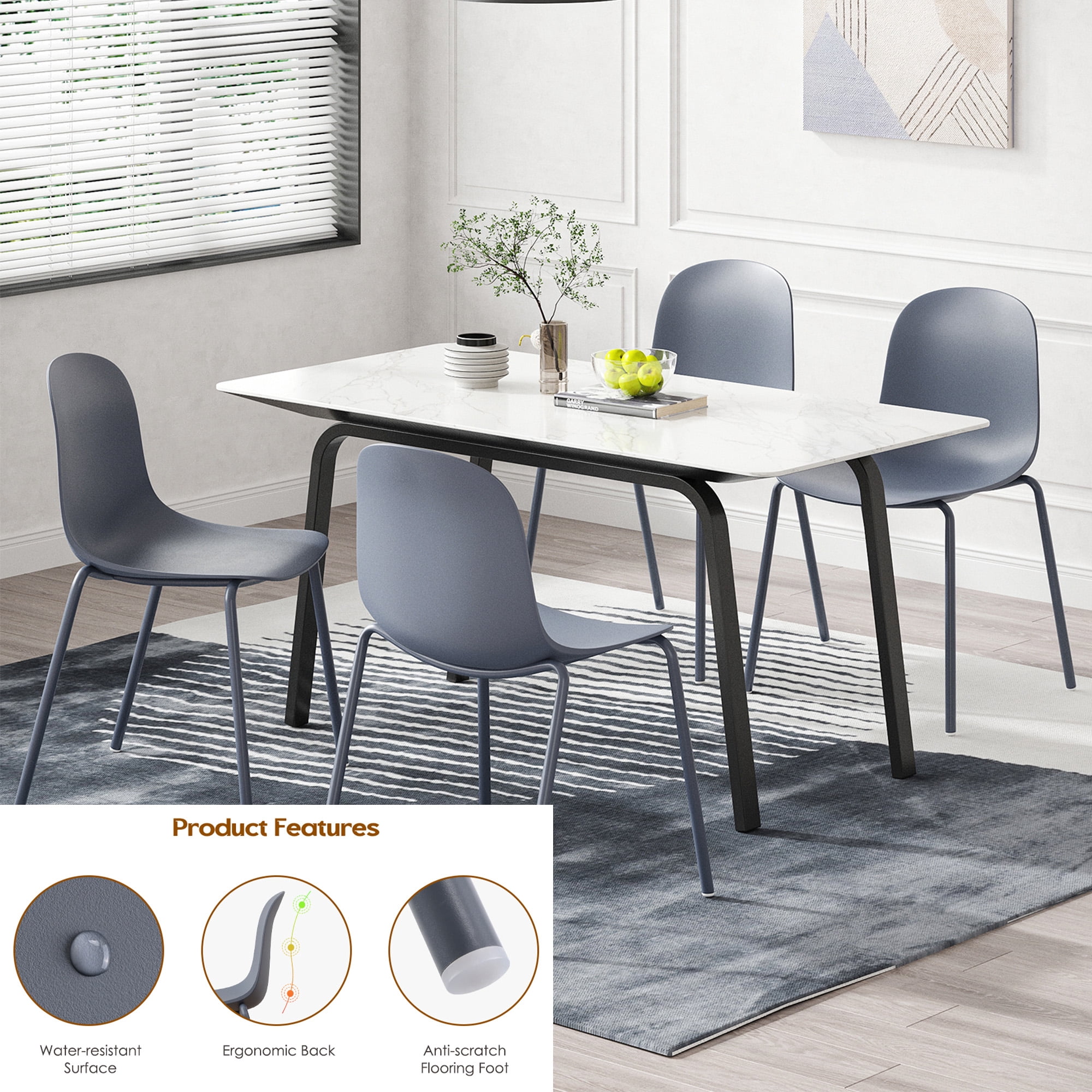 MAYEERTY Gray Set of 4 Modern Stackable Plastic Waterproof Dining Chairs, Metal Legs, Indoor/Outdoor Use