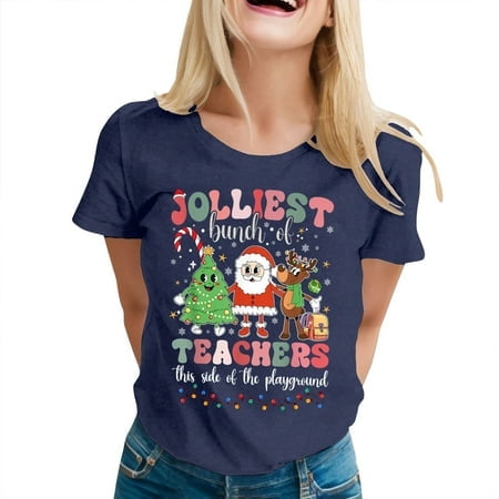 LUOGENLI T-shirts pour Femmes T-shirts Décontractés de Noël à Col Rond Manches Courtes Tunique Blouse T-shirts Amusants Graphiques Saint-Valentin Marine G