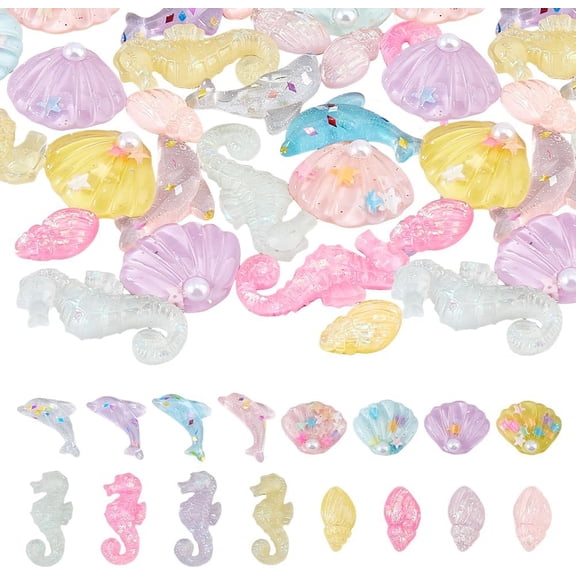 48Pcs 16 Styles Ocean Flatback Charms Bulk Glitter Sea Animal Theme Flat Back Charms Cute Slime Charm Colorful Resin Cabochon for DIY handcrafting