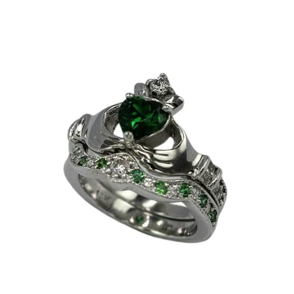 HeartsAndYou 2ct Heart Natural Emerald Diamond Ring Claddagh Bridal Set 14k SOLID White Gold