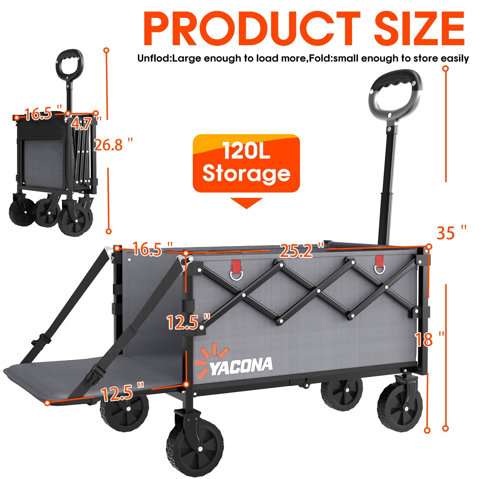 360lbs Foldable Wagon Cart with Extended Tailgate, Extra Long Folding Beach Wagon, Collapsible Cart with Wheels, for Grocery, Camp, Shop, Garden,Gray