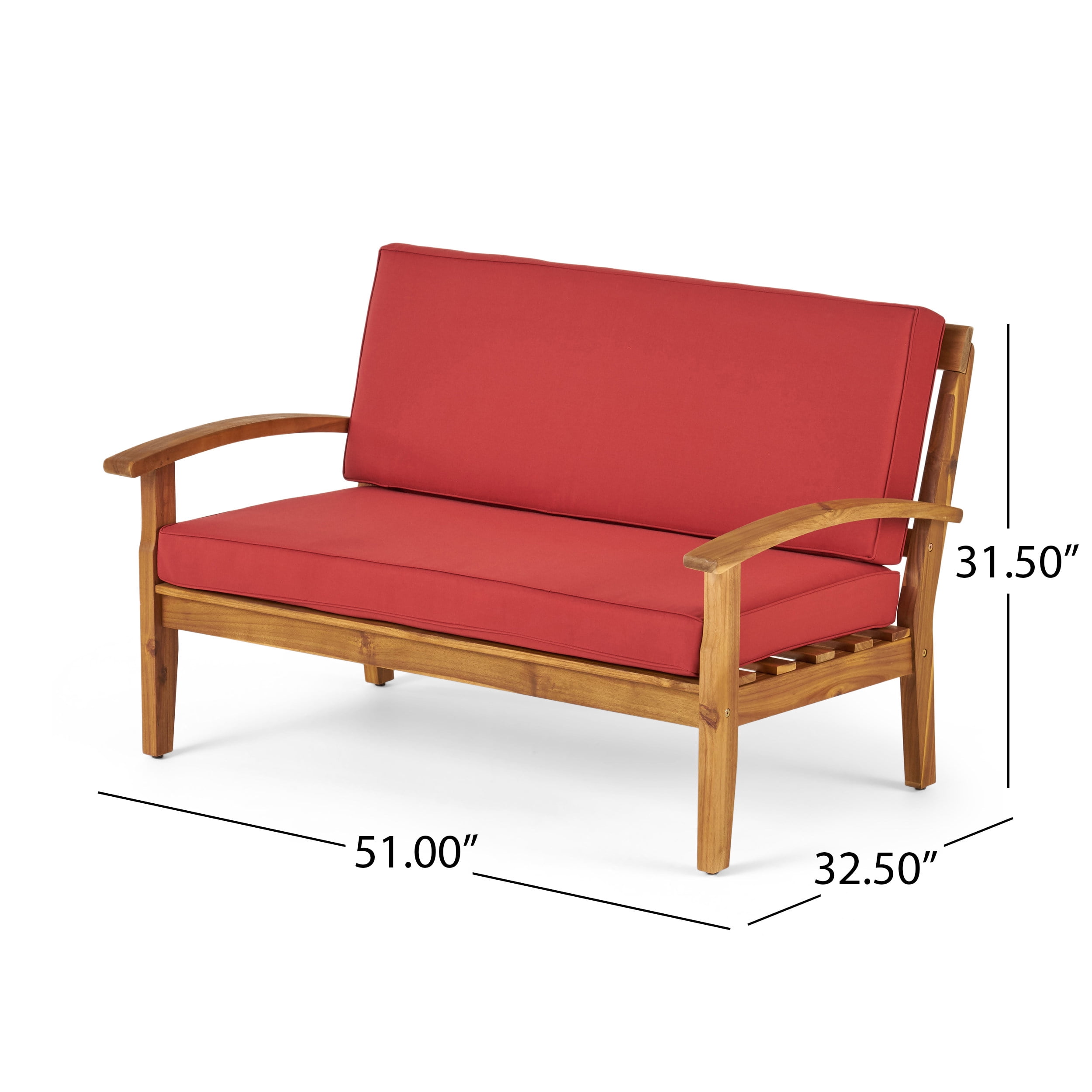 Outdoor Loveseat and Coffee Table Combined Leisure Set, Acacia Wood Frame Furniture for Patio Garden, Red