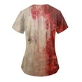 thumbnail image 3 of HaHaHappy Halloween Womens Scrubs Plus Size V Neck Horror Bloody Letter Printed Spooky Scrub Shirts Funny Short Sleeve Scrub Tops Medical Nurse Nursing Uniform with Pockets Deep Red S, 3 of 4