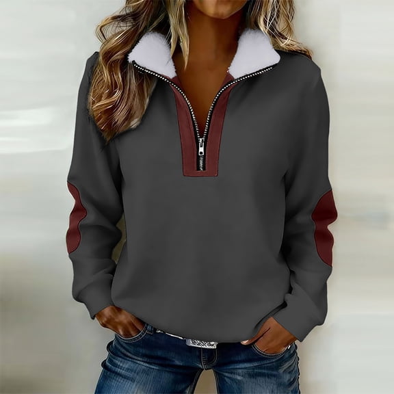 Xdegoge Quarter Zip Pullover Sweatshirts for Women Long Sleeve Casual Everyday Wear Loose Fit Solid Patchwork Detail Soft Warm Fleece Fall Winter Tops