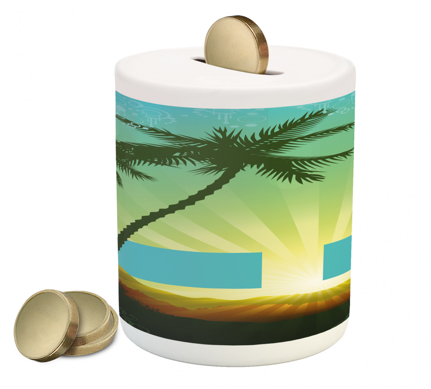 Island Piggy Bank, Sunrise in a Tropical Place and Palm Trees ...