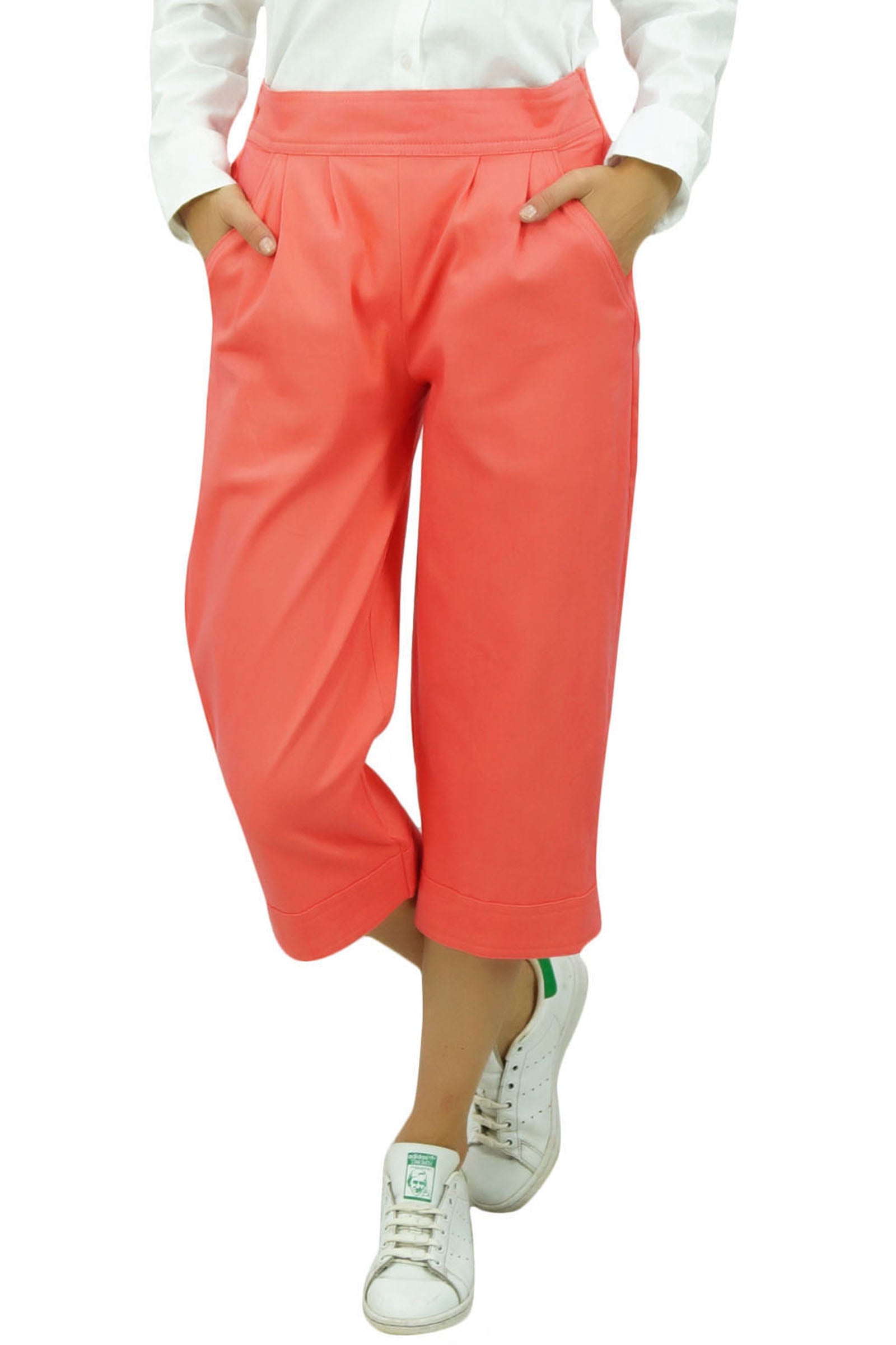Bimba Women's Casual Solid Culotte Capri Pants Cotton Spandex With Back  Elastic u0026 Pockets Peach - Small - Walmart.com