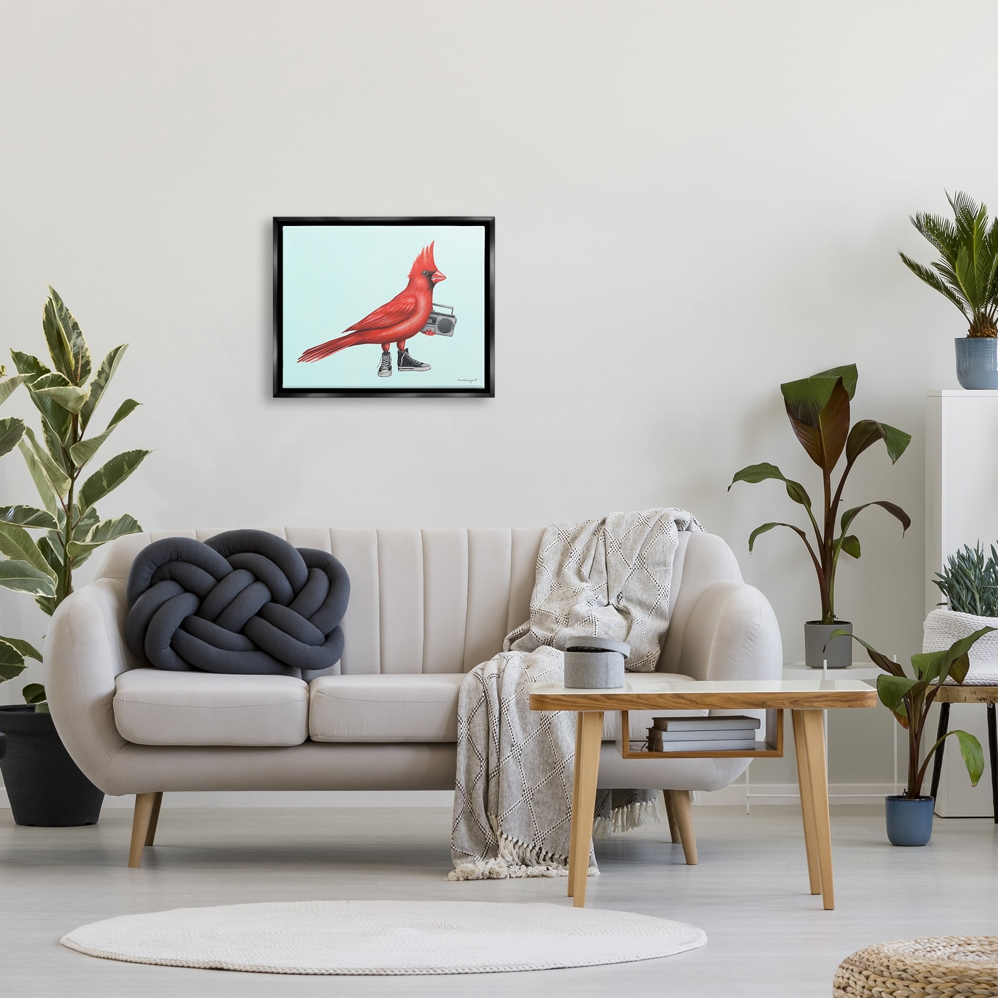 Stupell Industries Cardinal Bird Black Sneakers Retro Boombox Illustration Graphic Art Jet Black Floating Framed Canvas Print Wall Art, Design by Amelie Legault