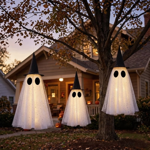 Cififendec Halloween Light Up Fabric Ghost Hanging Ornament, Double Layer Tulle Ghost with Witch Hat for Porch Eave and Fireplace Mantel Decor, 21.65"