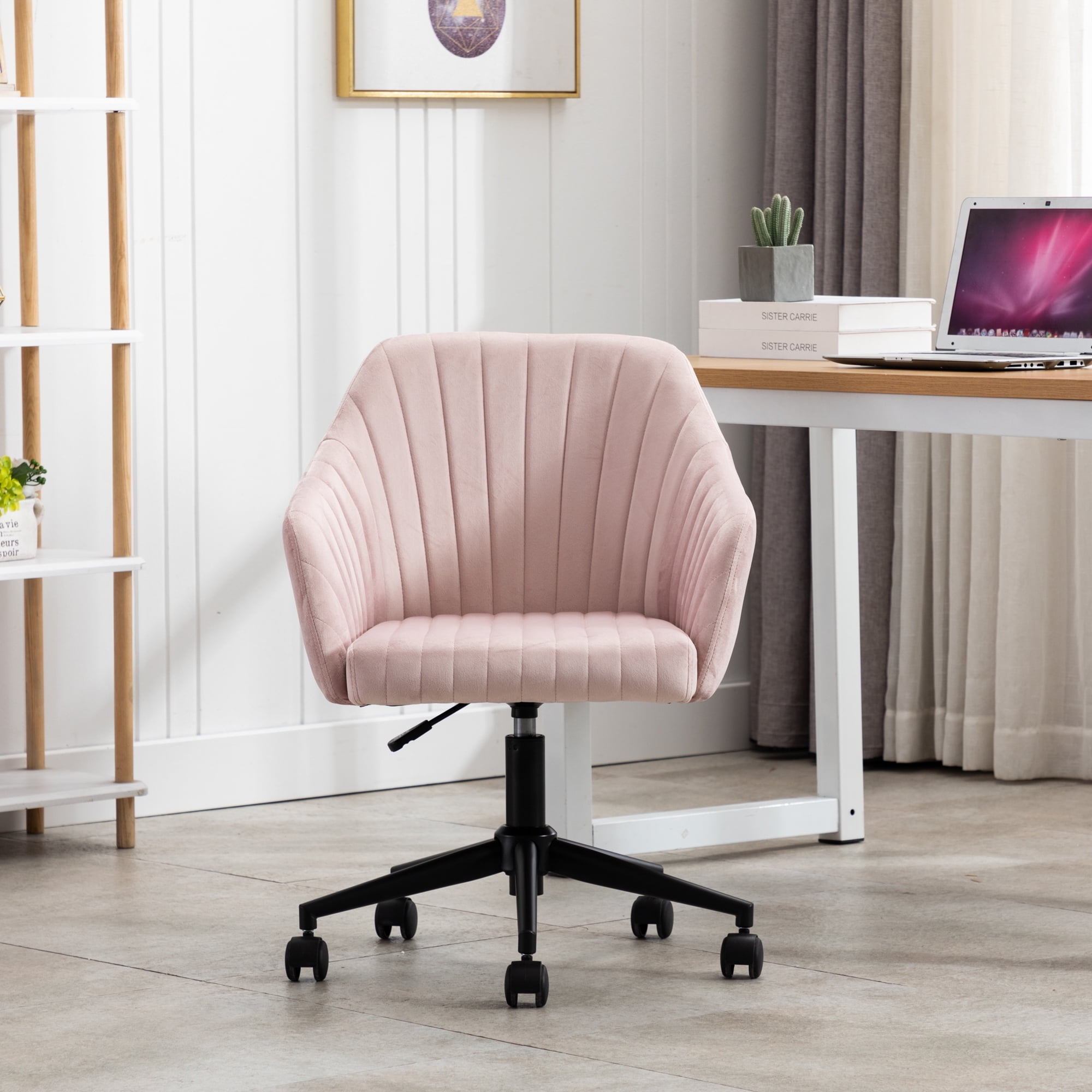 Home Ergonomic Computer Desk Chair Rotatable Adjustable Velvet Upholstered Swivel Chair with Armrest KST Liftable Office Chair Pink Modern Executive Chair for Women
