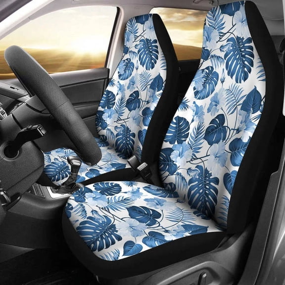 White and Blue Hibiscus Tropical Hawaiian Flower Pattern Car Seat Cove Pack of 2 Universal Front Seat Protective Cover