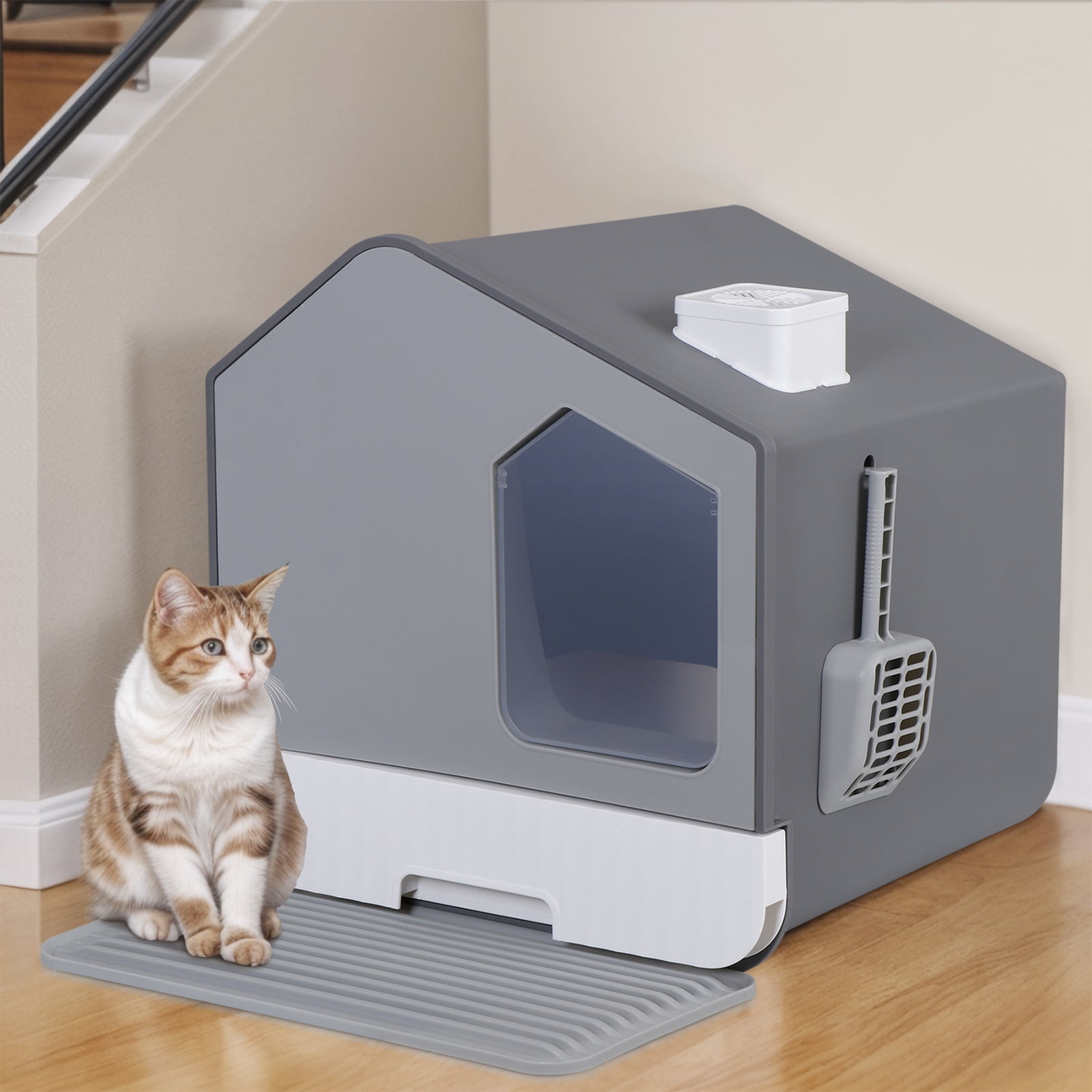 Enclosed Cat Litter Box with Litter Scoop and Slide-Out Tray Anti-Leakage Grey