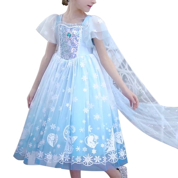 HAWEE Princess Cosplay Dress for Little Girls 3-8 Years Long Dance Costume Gauze Skirt Flare Sleeve with Detachable Cape, 150
