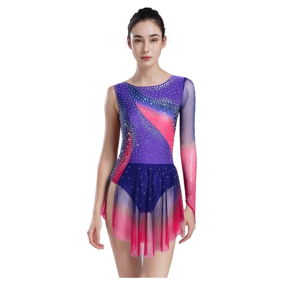 Doomiva Women's Long Sleeve Figure Ice Skating Dress Shiny Rhinestone Ballet Skirted Leotard Dresses Purple M