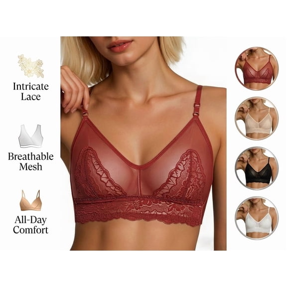 Lace Bralette for Women Sheer Mesh Plunge V Neck Bra No Underwire Unlined Breathable Bras Adjustable Straps Underwear