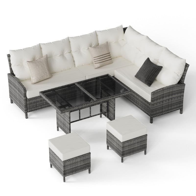 ELPOSUN 7-Piece Outdoor Patio Furniture Set - Sectional Sofa, Dining Table & Chairs Included, All-Weather Conversation Set with Ottoman, Gray Rattan,Beige