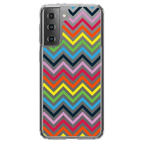 DistinctInk Clear Shockproof Hybrid Case for Galaxy S21  PLUS 5G (6.7" Screen) - TPU Bumper, Acrylic Back, Tempered Glass Screen Protector - Rainbow Chevron