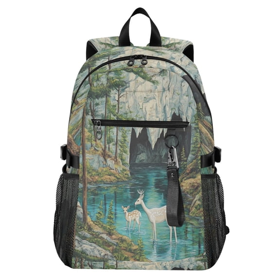 Full‑Print Casual Laptop Backpack, 20L Water‑Resistant Twill Tote Daypack with 14 Inch Computer Compartment for School Business Travel Mountain Deer