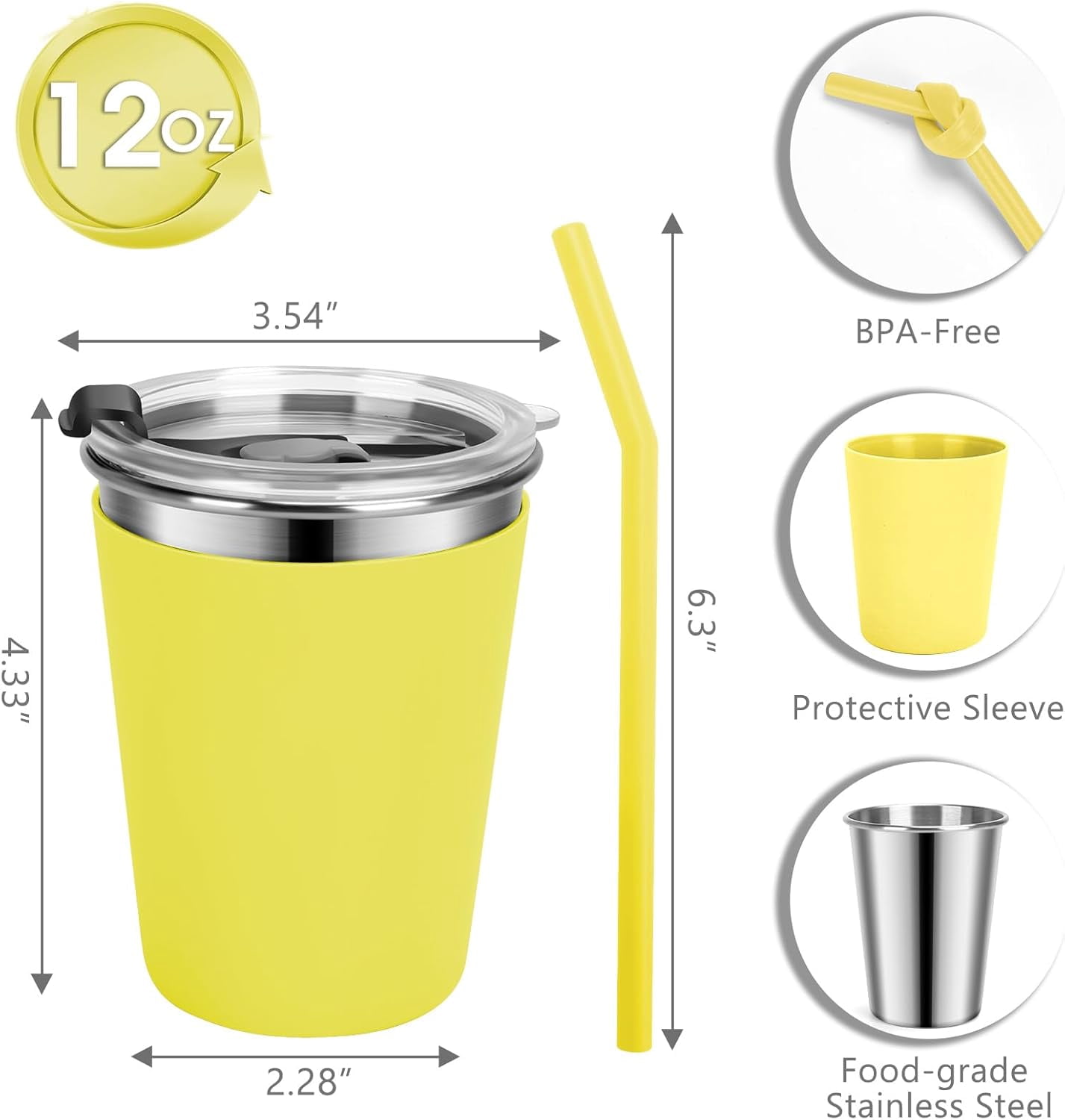 Kids Cups with Straws and Lids Leak Proof, 12oz Sippy Cups for Toddlers 1-3 No Spill, 4 Pack Toddler Cup Spill Proof Stainless Steel Kids Cup with Lids for School, Outdoor