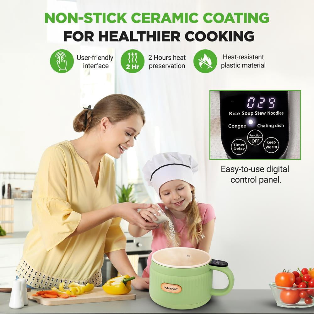 1.6L Portable Electric Rice Cooker, Multi-Functional with Non-Stick Ceramic Coating, Digital Control Panel, 6 Optional Functions, Anti-Burn Dry, Automatic Power-Off (Green)