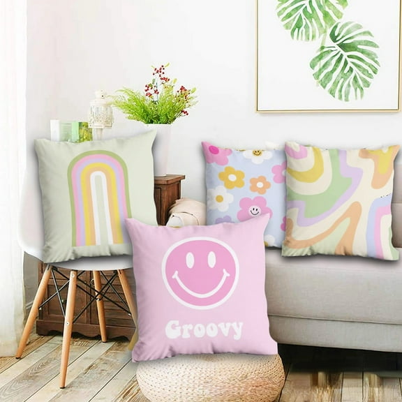 Preppy Throw Pillows Covers Decorative Cute Preppy Aesthetic Pillow Covers Pink Smile Face Butterfly Flower Pillow Case for Teen Girls Bedroom Home, 18 x 18 Inch