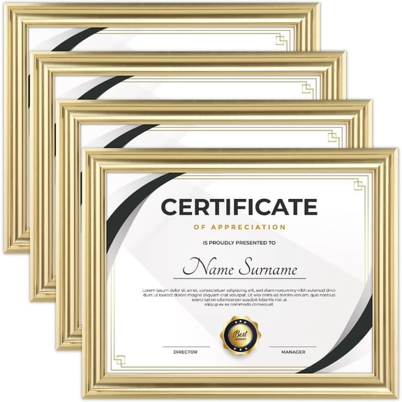 8.5x11 Certificate Frame,Document frames for Wall Or Display,Diploma Frames For Degree Award with Real Glass Front,Set of 4 (Gold)