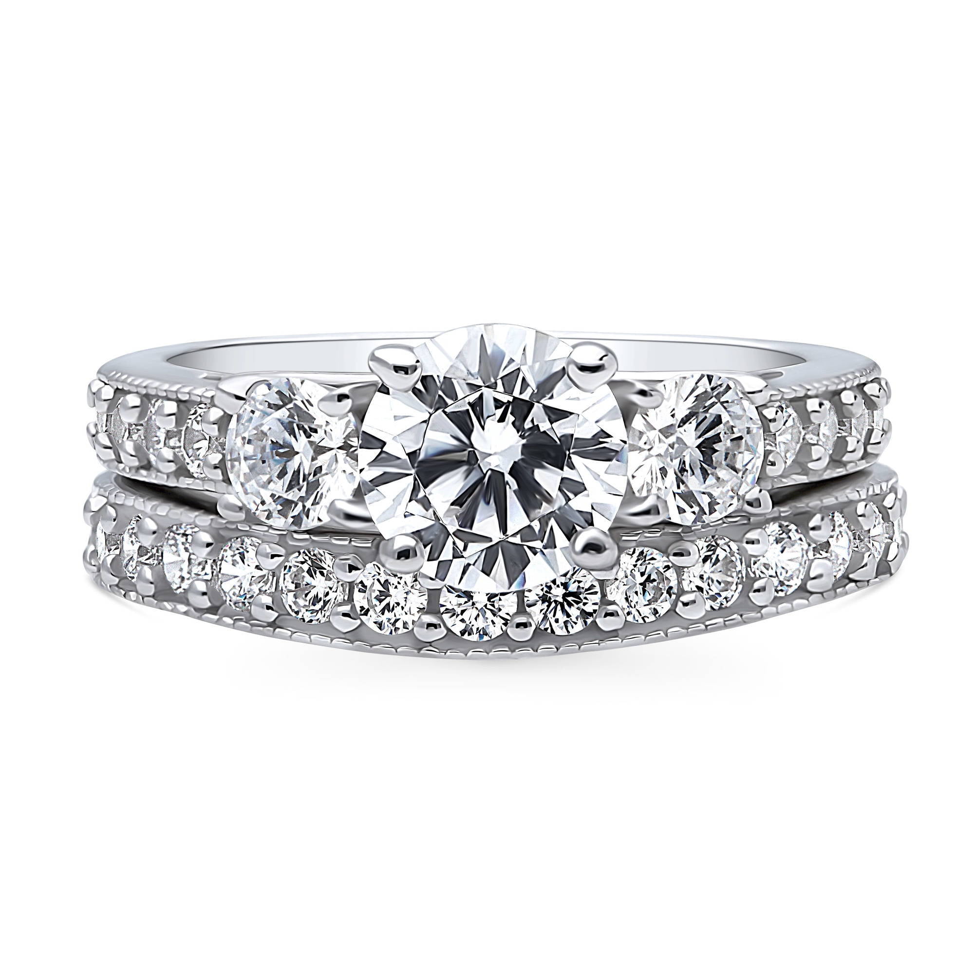 BERRICLE Sterling Silver 3-Stone Wedding Engagement Rings 1.25 Carat Round Cut Cubic Zirconia CZ Ring Set for Women, Rhodium Plated Size 8.5