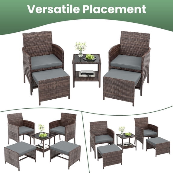 ELPOSUN 5 Piece Patio Furniture Set, Outdoor Patio Conversation Rattan Chair with Ottomans/Storage Coffee Table for Patio, Space Saving Design for Balcony Poolside Front Porch Deck,Brown Rattan, Gray