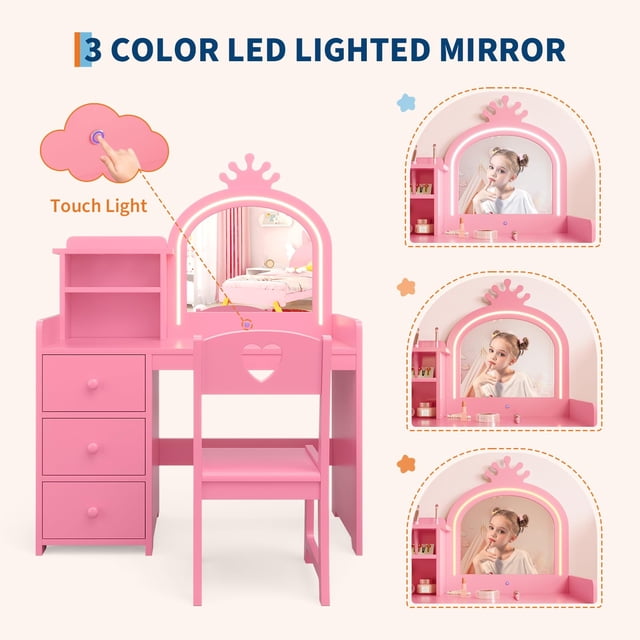 Kojooin Princess Girls Makeup Vanity Table Set with Storage & Lights