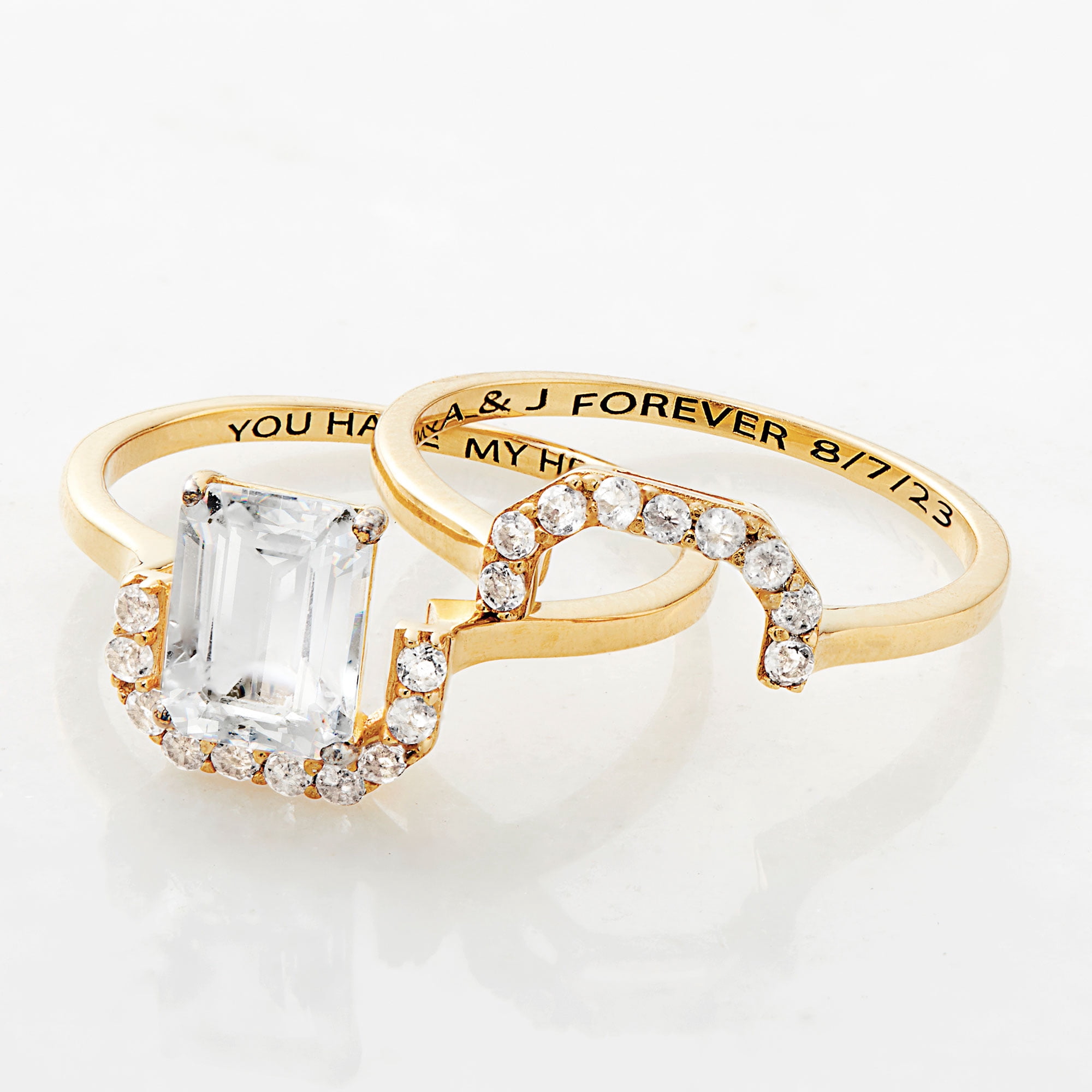 Vow & Forever Personalized Planet Bridal 14K Gold over Sterling Silver Emerald Cut White Topaz 2 Piece Engraved Wedding Set ,Women's